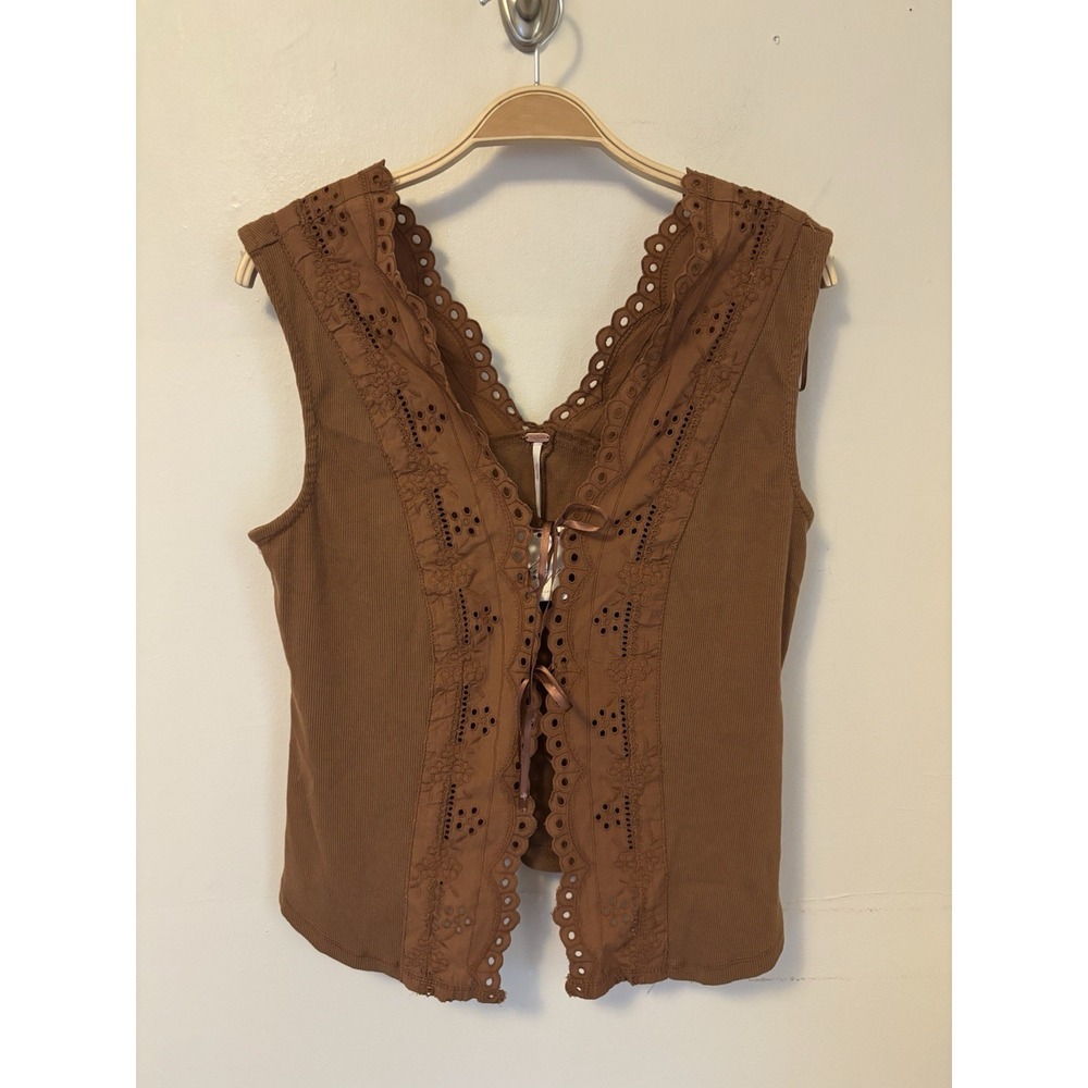 Free People Gesibelle Top Vest Floral Eyelet Lace Brown Coquette Large - Desc
